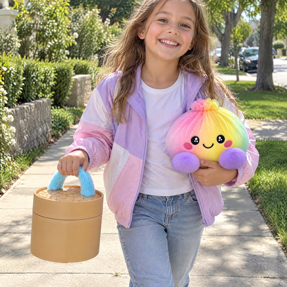 Girl carrying the plush box by its fluffy blue handle like a little purse