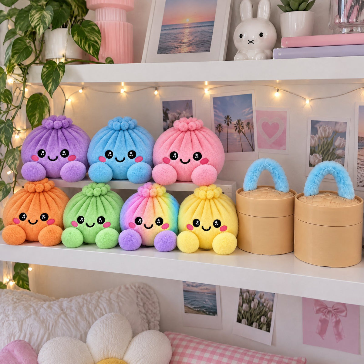 Plush dumplings in different colors displayed on a shelf with their boxes