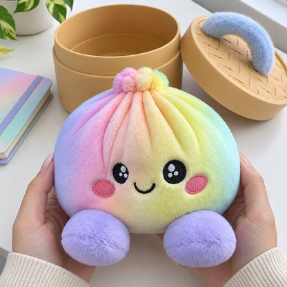 Close-up of the rainbow plush with its embroidered smiley face