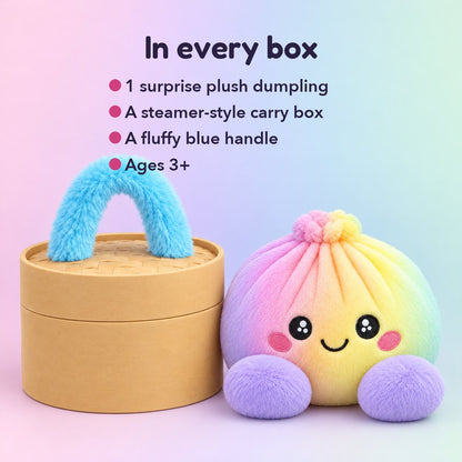Steamer-style box and rainbow plush with what comes in every box