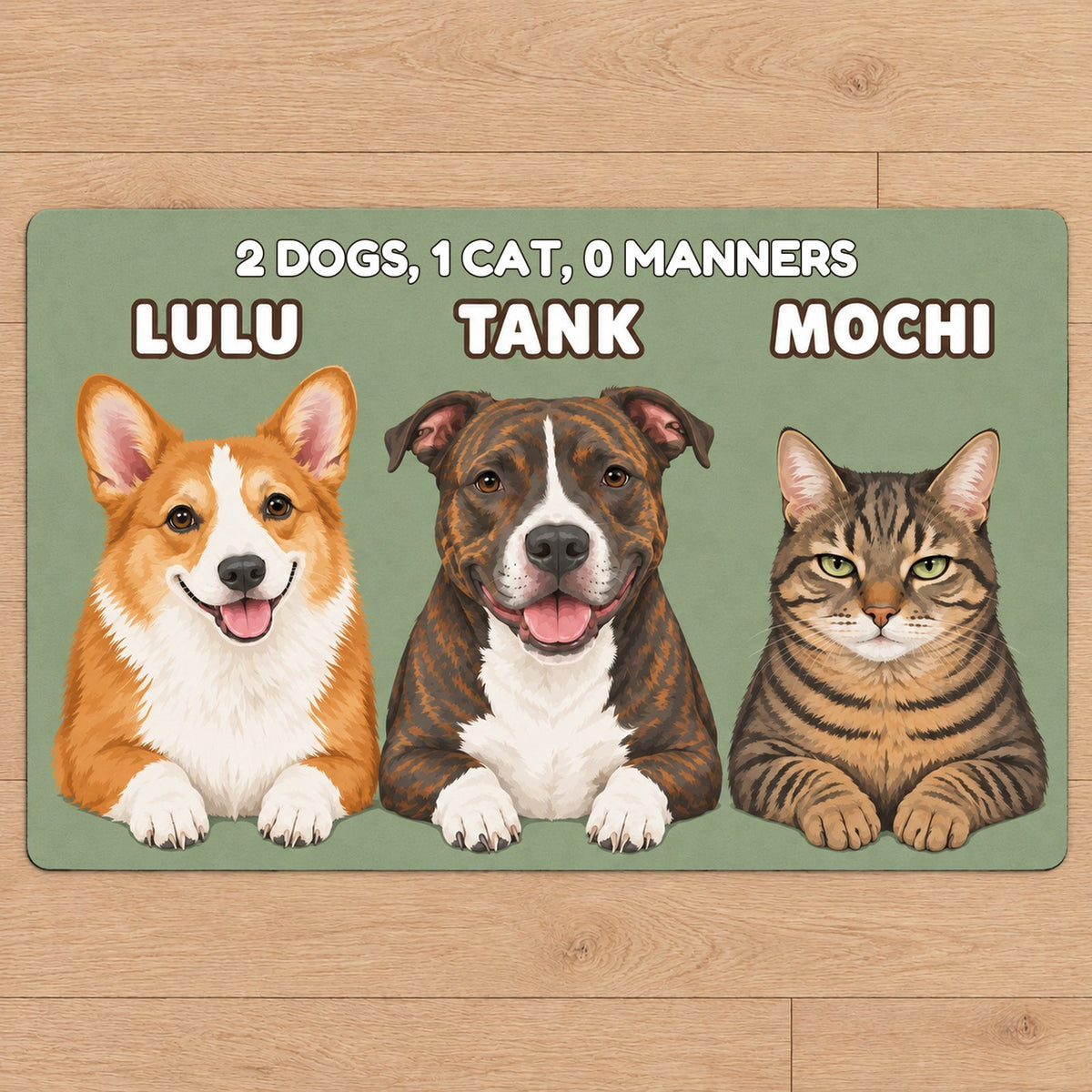 A sage doormat with three pets named Lulu, Tank and Mochi under the words 2 dogs, 1 cat, 0 manners