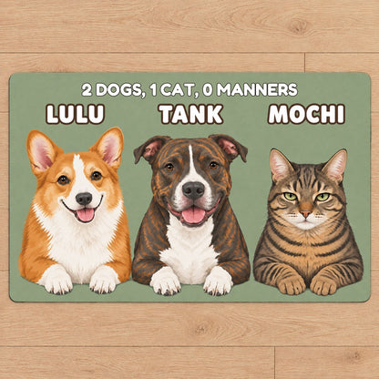 A sage doormat with three pets named Lulu, Tank and Mochi under the words 2 dogs, 1 cat, 0 manners