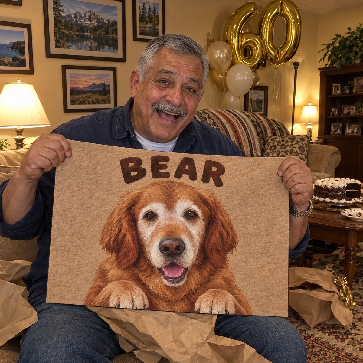 A man at his 60th birthday laughing as he holds up a doormat printed with his golden retriever Bear