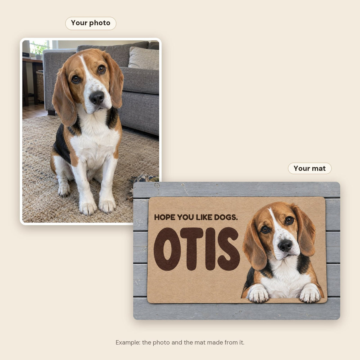 A photo of a beagle next to the doormat made from it, printed with the beagle and the name Otis