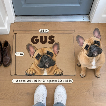 A 24 by 16 inch doormat with a French bulldog named Gus in an apartment entry, the real dog beside it and sneakers for scale