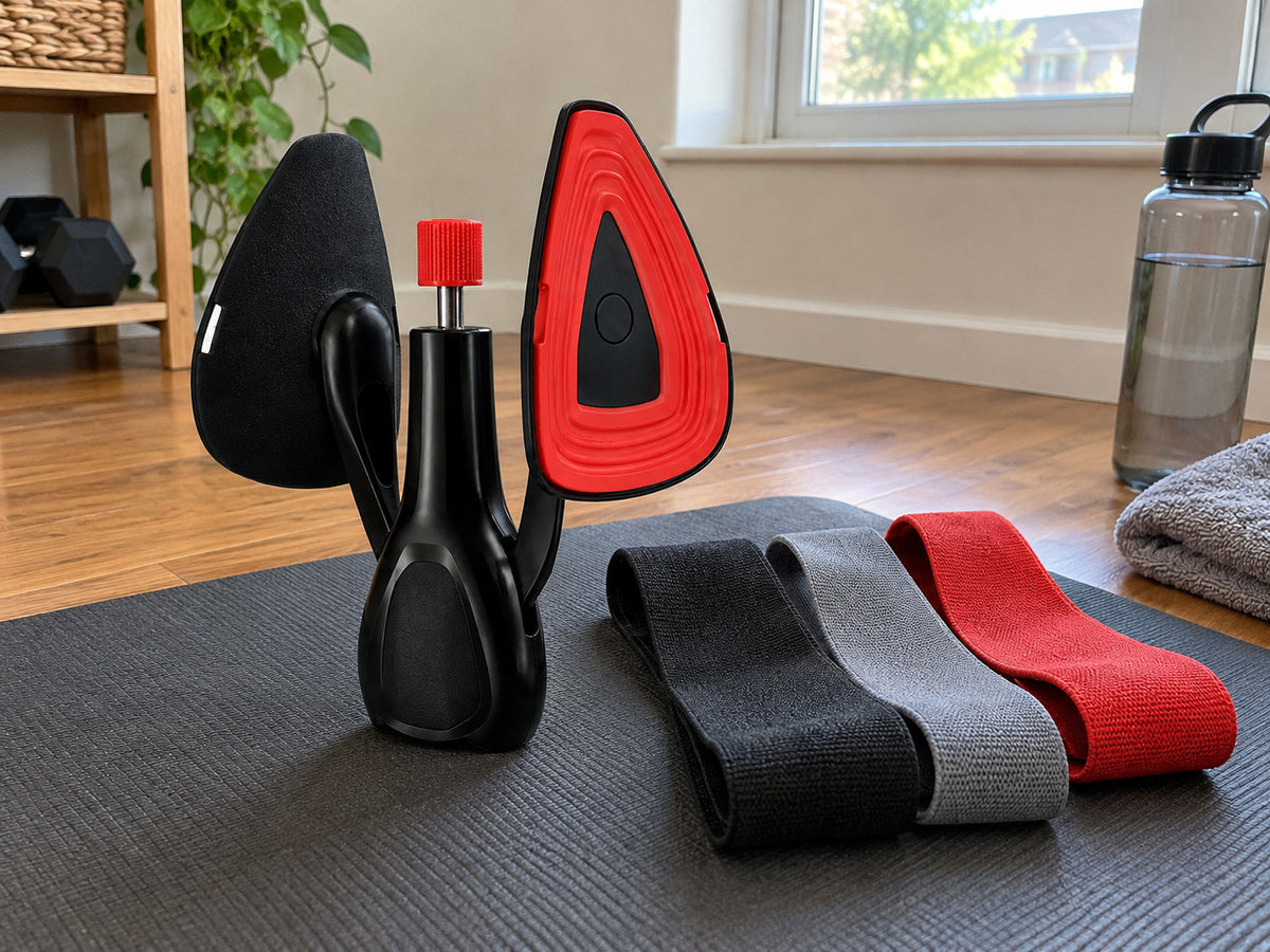 The trainer on a workout mat next to the free gift: a set of three fabric resistance bands in black, grey and red