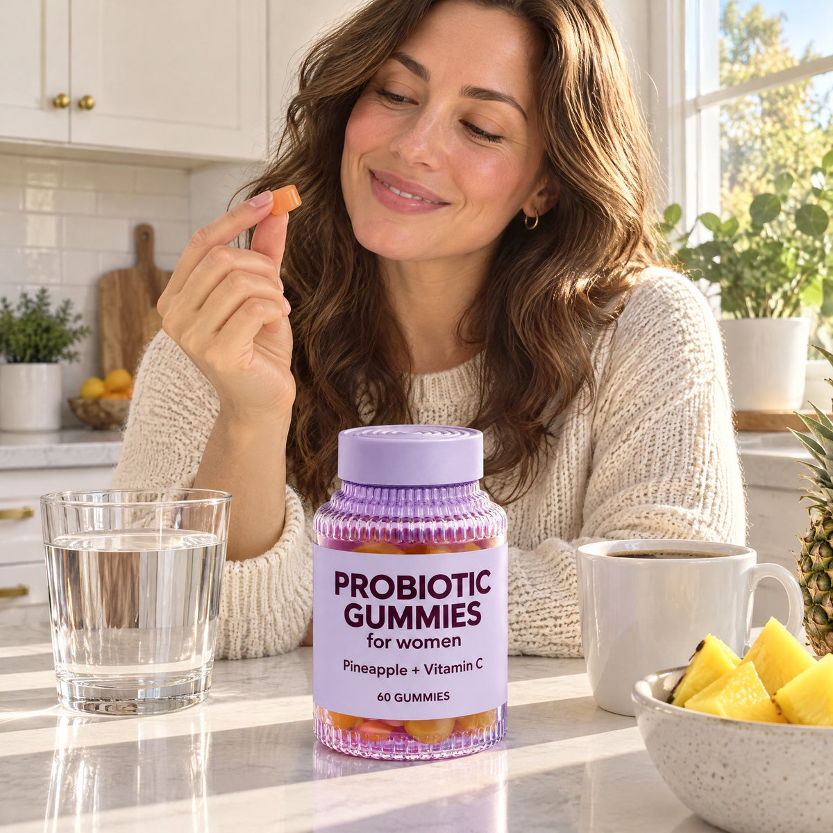 Woman holding a gummy in her kitchen in the morning, bottle on the counter