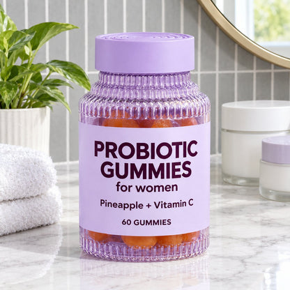 Probiotic gummies bottle on a marble bathroom vanity
