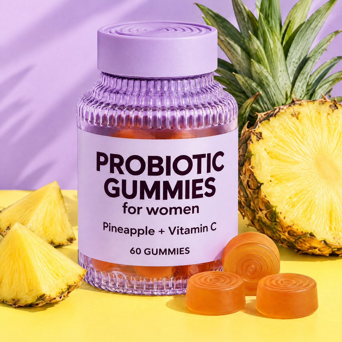 Probiotic gummies bottle next to a fresh pineapple cut in half
