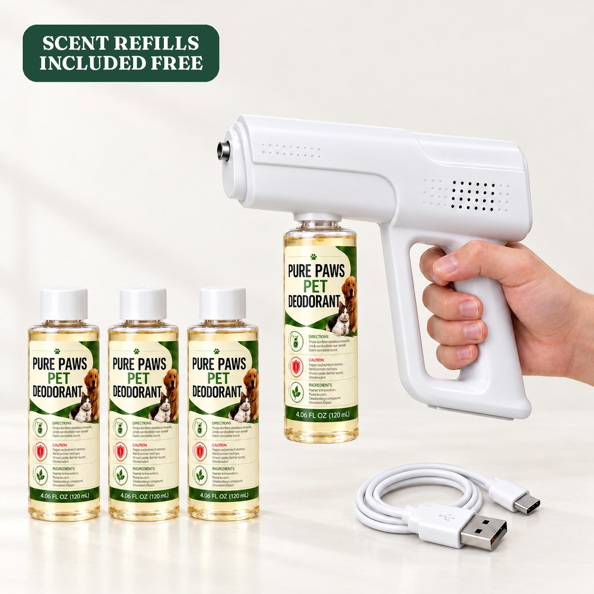 White cordless pet odor mist gun with a refill bottle attached, spare scent refill bottles and a USB-C cable
