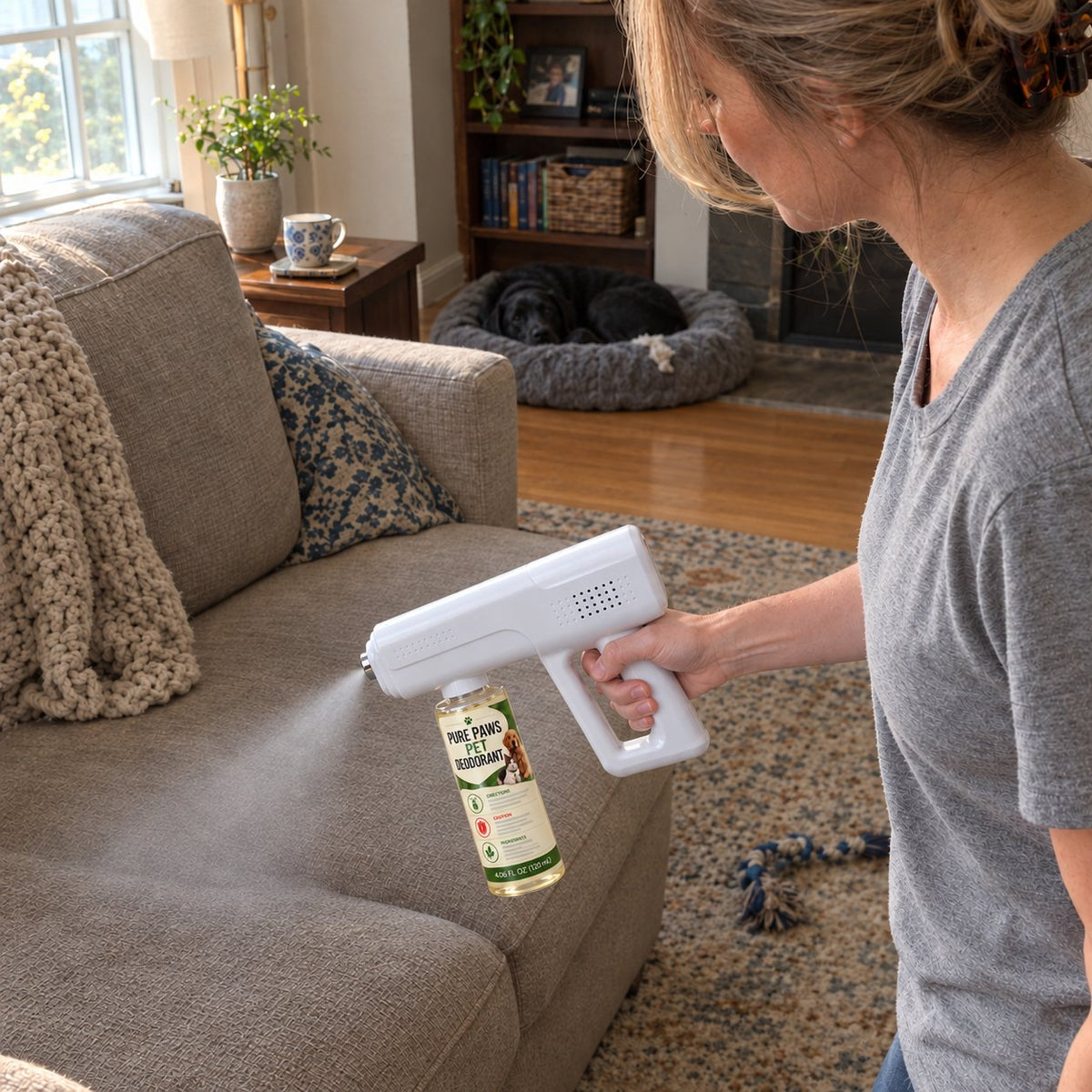 Woman misting a fabric couch with the pet odor mist gun while her Labrador rests on its own bed across the room