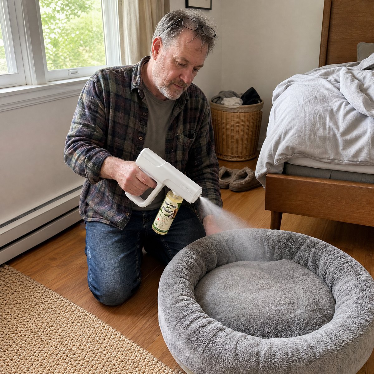 Man misting a round dog bed in his bedroom