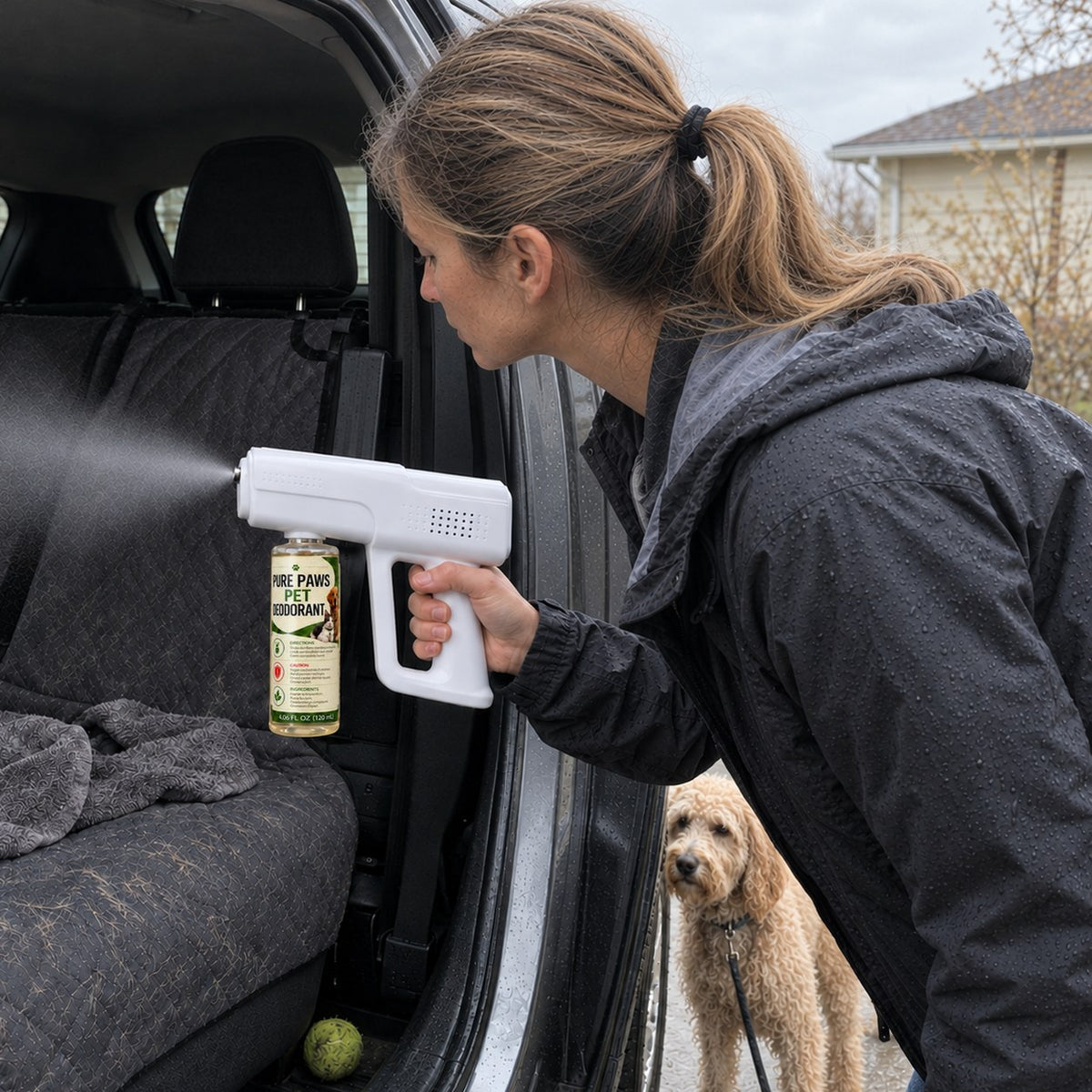 Woman misting a dog seat cover in the back seat of an SUV while her dog waits outside