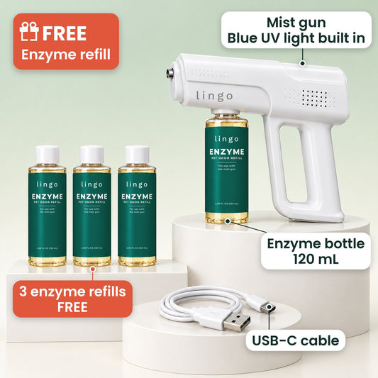 Pet Odor Mist Gun kit: the cordless mist gun with its built-in blue UV light, an enzyme bottle on the gun, 3 free enzyme refills and a USB-C cable