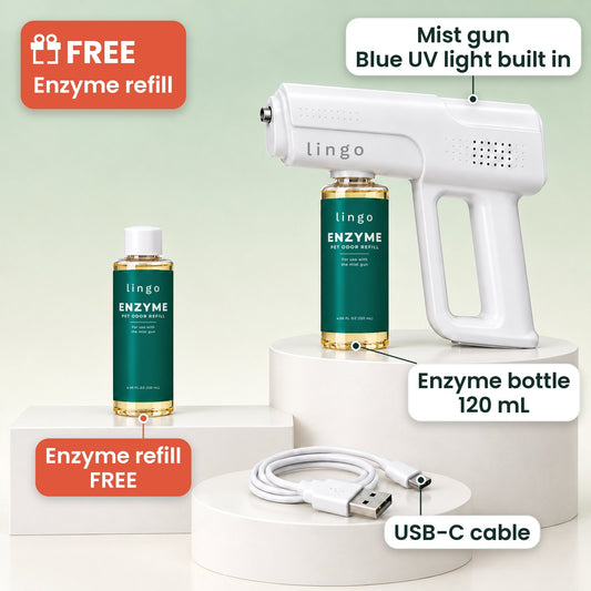 Pet Odor Mist Gun kit: the cordless mist gun with its built-in blue UV light and an enzyme bottle on it, 1 free enzyme refill bottle and a USB-C cable