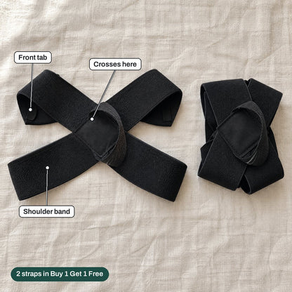 Two black figure-8 posture straps laid flat, the Buy 1 Get 1 Free pack