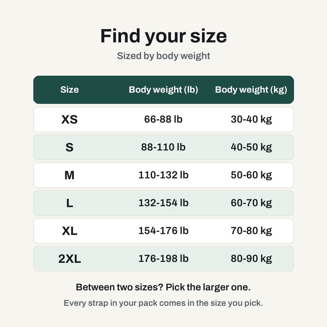 Size chart by body weight, XS to 2XL