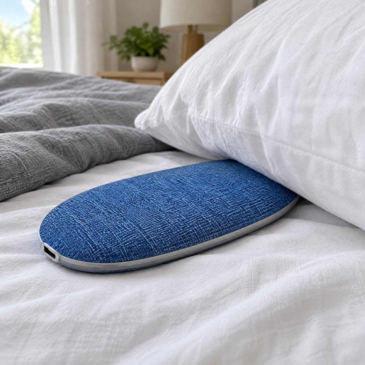 Blue under-pillow speaker half slid under a white pillow on a made bed