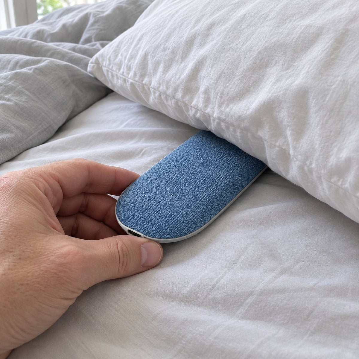 Hand sliding the speaker under a pillow