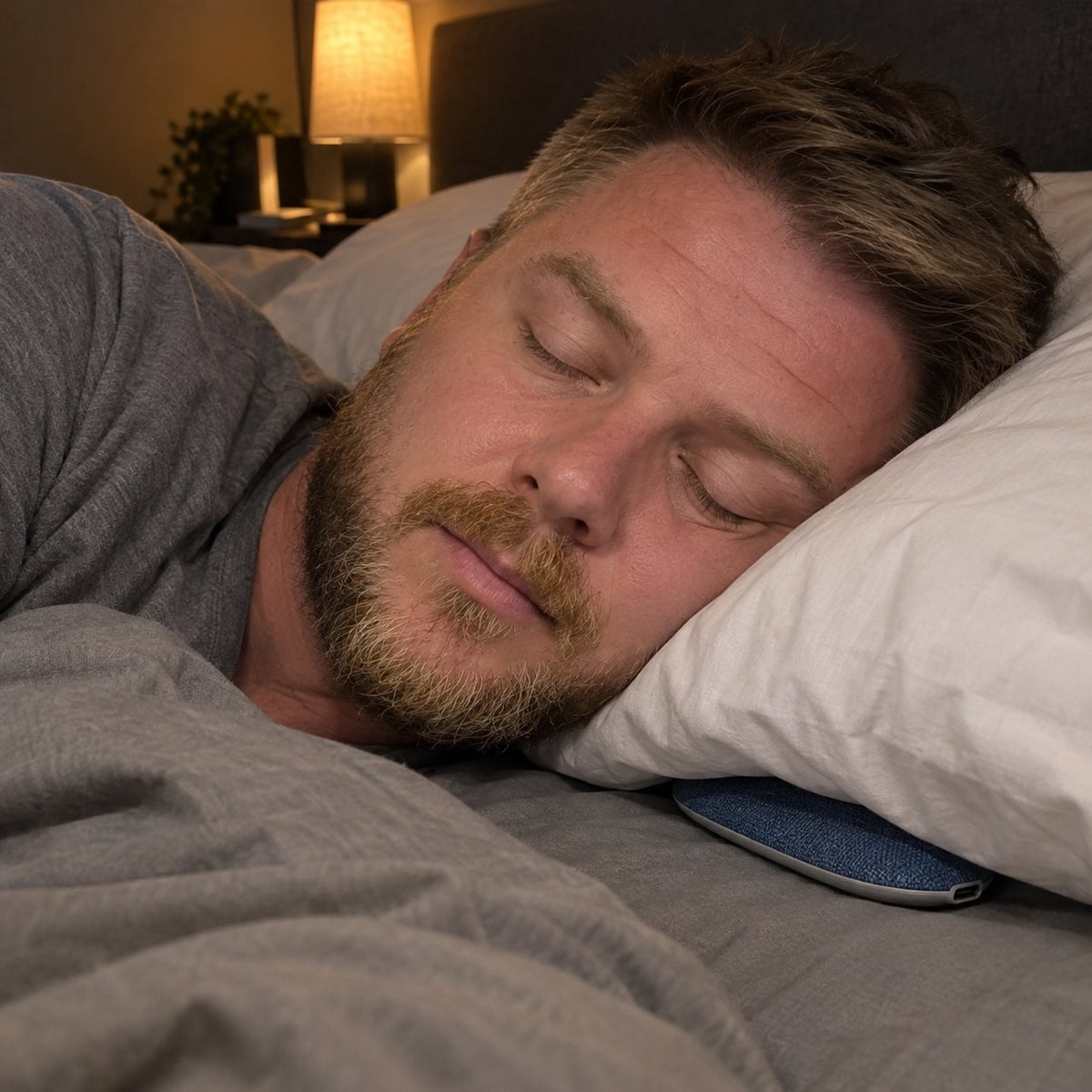 Man asleep on his side with the speaker under his pillow, no earbuds