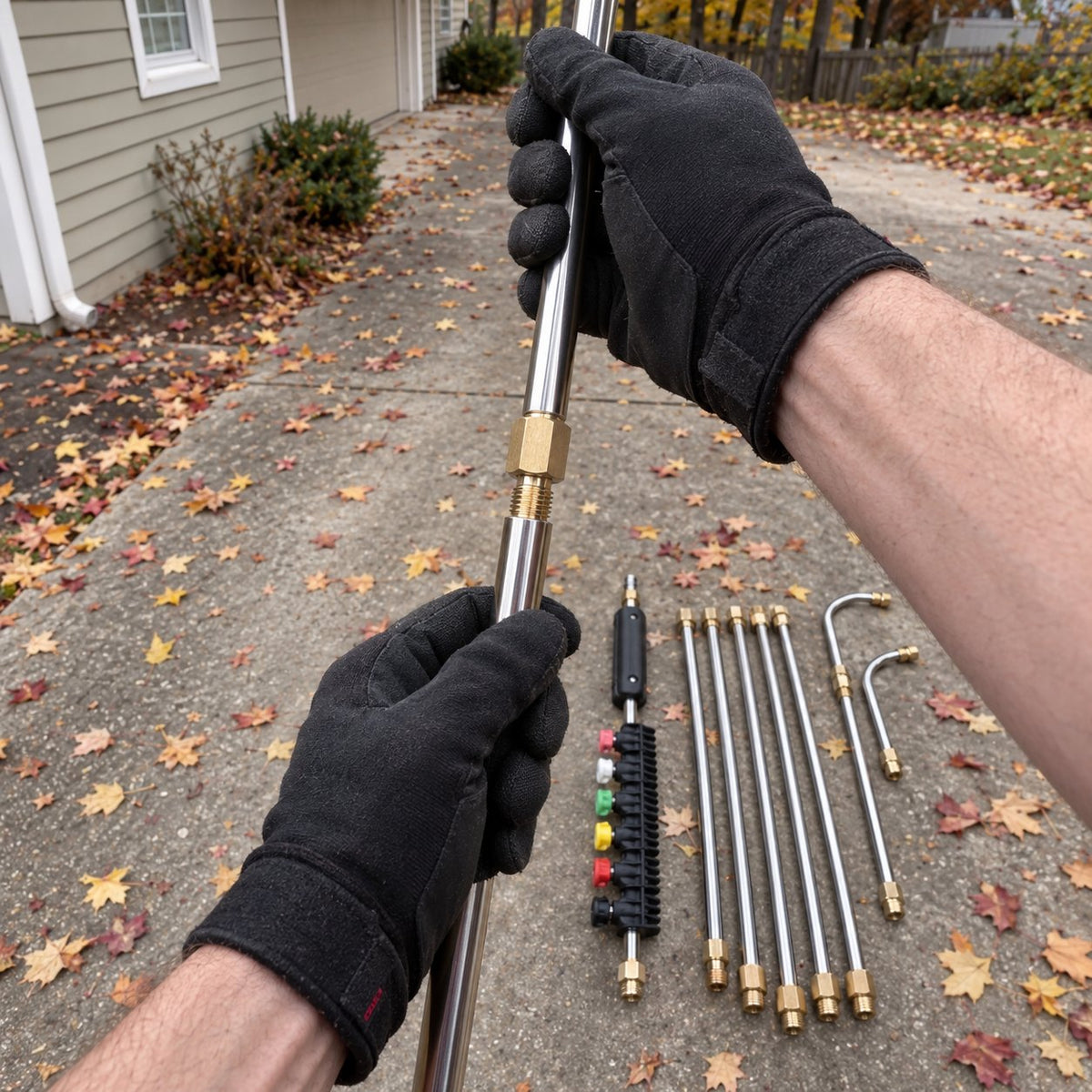 Gloved hands screwing two stainless tubes together at a brass joint, the rest of the kit on the driveway