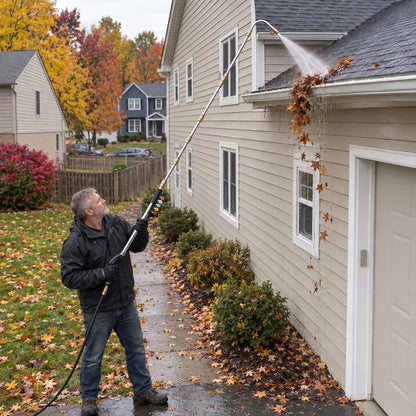 Man standing on his driveway reaching a gutter with the long stainless extension wand and its U-shaped hook, washing autumn leaves out
