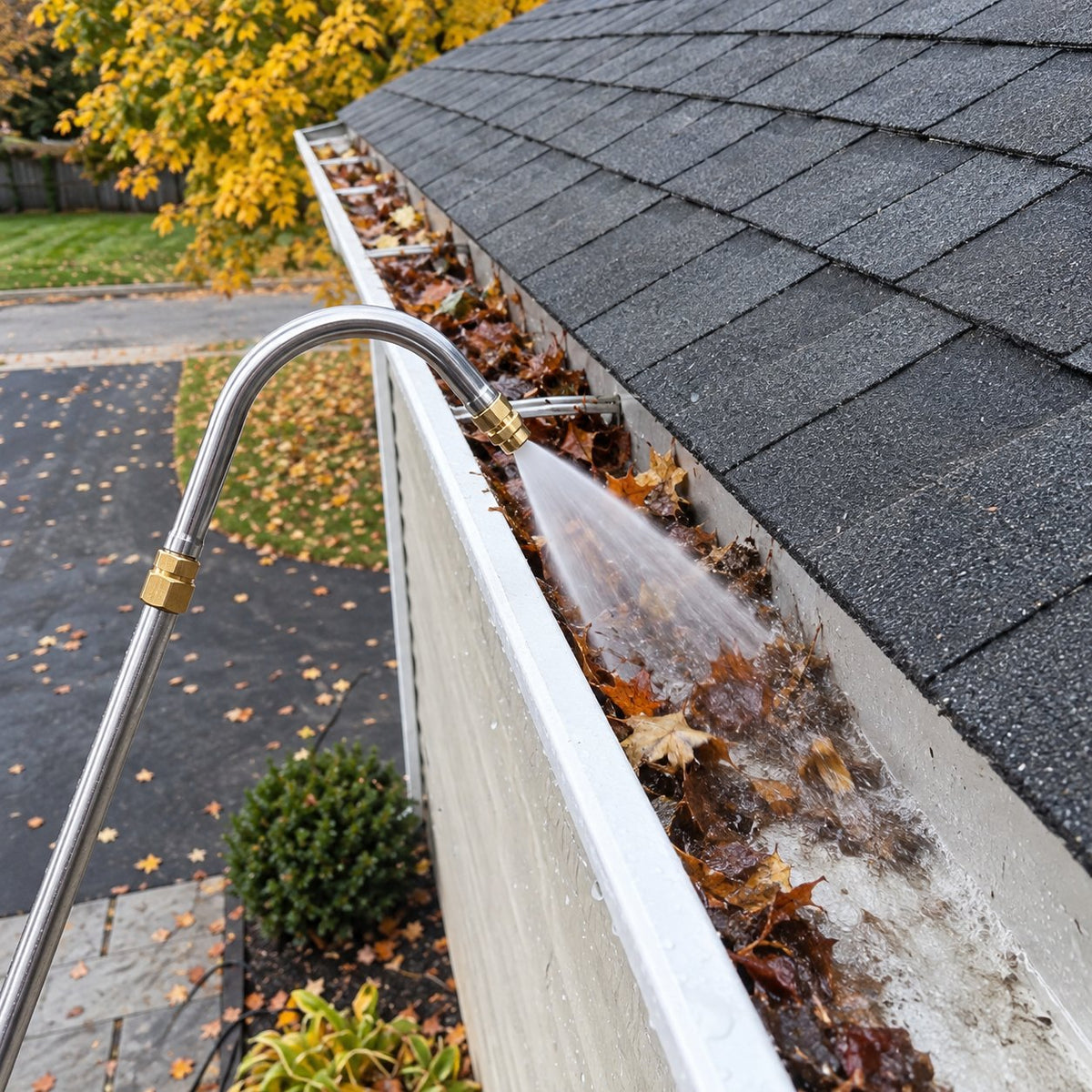 U-shaped stainless gutter hook reaching over a gutter edge and spraying wet autumn leaves out of the gutter