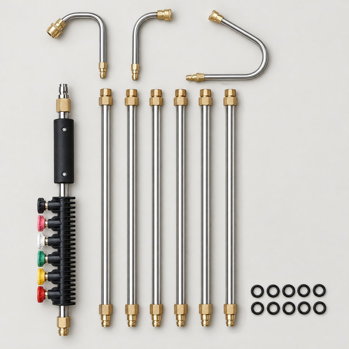 Pressure washer extension wand kit laid out: handle with foam grip and a holder with 6 colored spray tips, 6 stainless steel tubes with brass fittings, 3 curved tips including a U-shaped gutter hook, and 10 O-rings