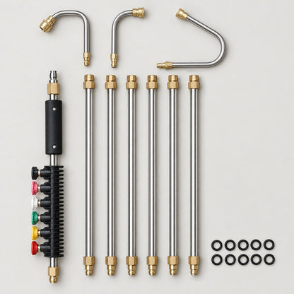 Pressure washer extension wand kit laid out: handle with foam grip and a holder with 6 colored spray tips, 6 stainless steel tubes with brass fittings, 3 curved tips including a U-shaped gutter hook, and 10 O-rings