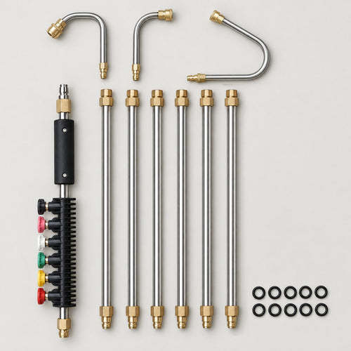 Pressure washer extension wand kit laid out: handle with foam grip and a holder with 6 colored spray tips, 6 stainless steel tubes with brass fittings, 3 curved tips including a U-shaped gutter hook, and 10 O-rings