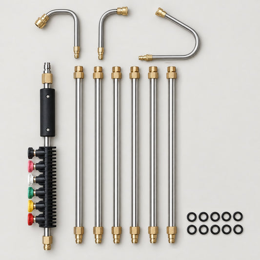 Pressure washer extension wand kit laid out: handle with foam grip and a holder with 6 colored spray tips, 6 stainless steel tubes with brass fittings, 3 curved tips including a U-shaped gutter hook, and 10 O-rings