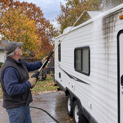 Man on his driveway washing black streaks off the high side of a travel trailer with the extension wand