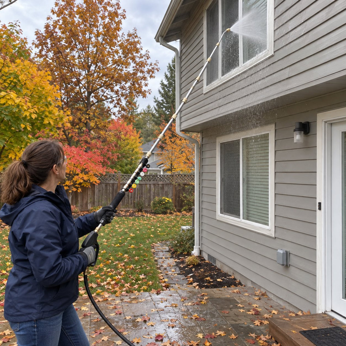 Woman on her patio rinsing a second-floor window with the extension wand