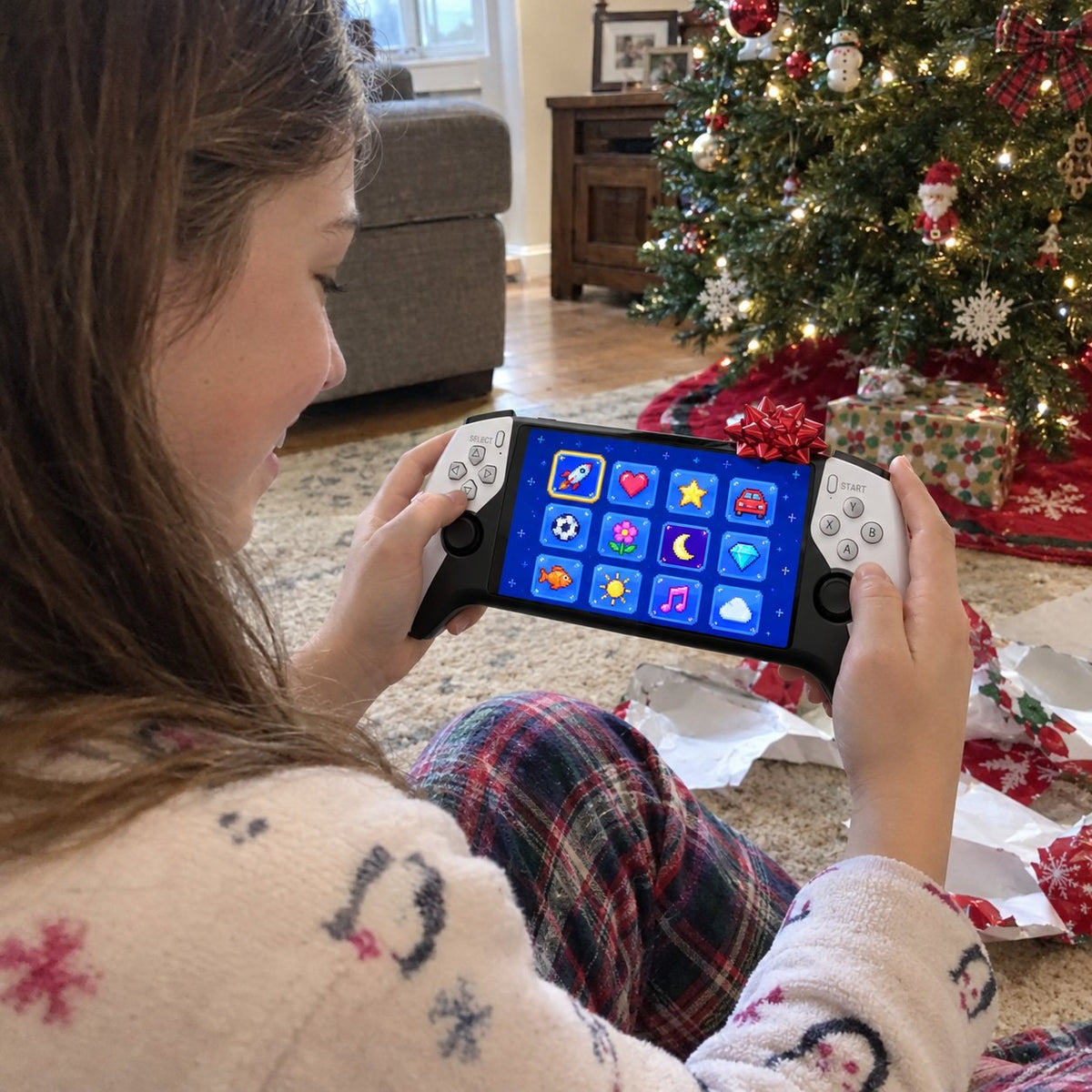 A girl plays her new retro console on Christmas morning