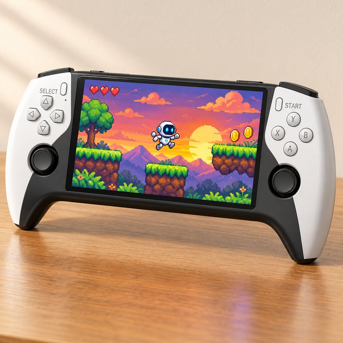 The retro handheld console on a wooden table, screen on