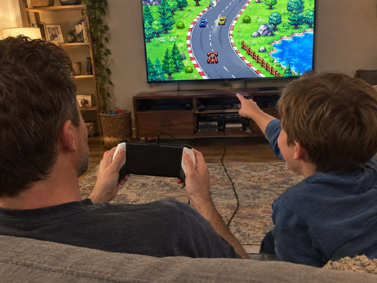 Dad and son playing retro-style games on the TV