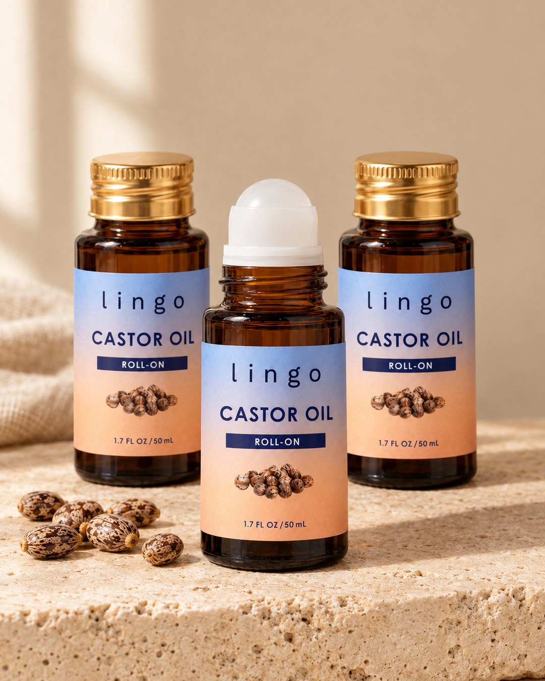 Three castor oil roll-ons, the Buy 2 Get 1 Free pack