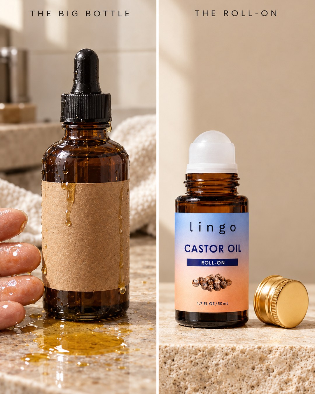 Side by side: a big bottle of castor oil with drips and oily fingers, and the clean roll-on