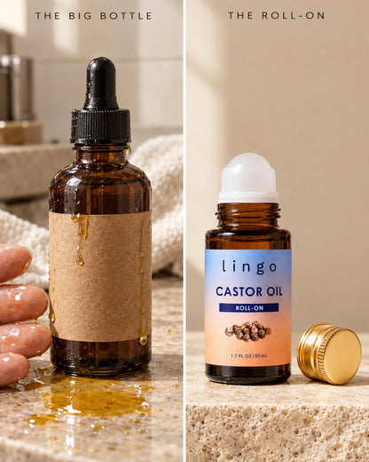 Side by side: a big bottle of castor oil with drips and oily fingers, and the clean roll-on