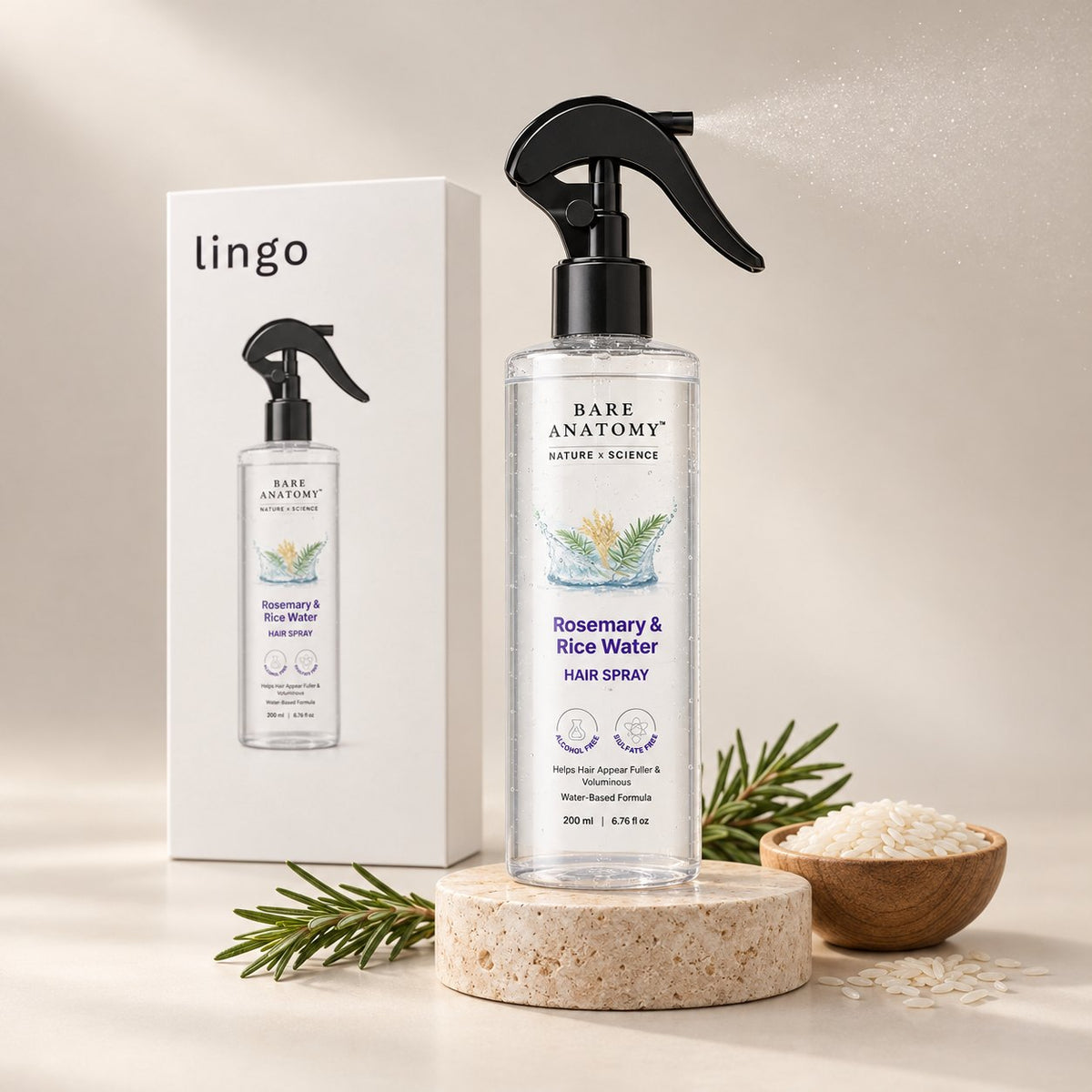 The hair spray with fresh rosemary and a bowl of rice, the lingo box behind