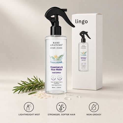 Rosemary and rice water hair spray with its lingo box: lightweight mist, stronger and softer hair, non-greasy
