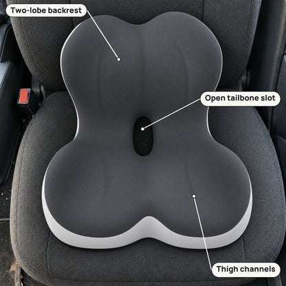 Front view of the cushion showing the two-lobe backrest, the open tailbone slot and two thigh channels