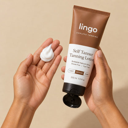 Lingo Self Tanner lotion goes on white