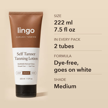 Lingo Self Tanner: 222 ml / 7.5 fl oz, 2 tubes in every pack, dye-free, shade Medium