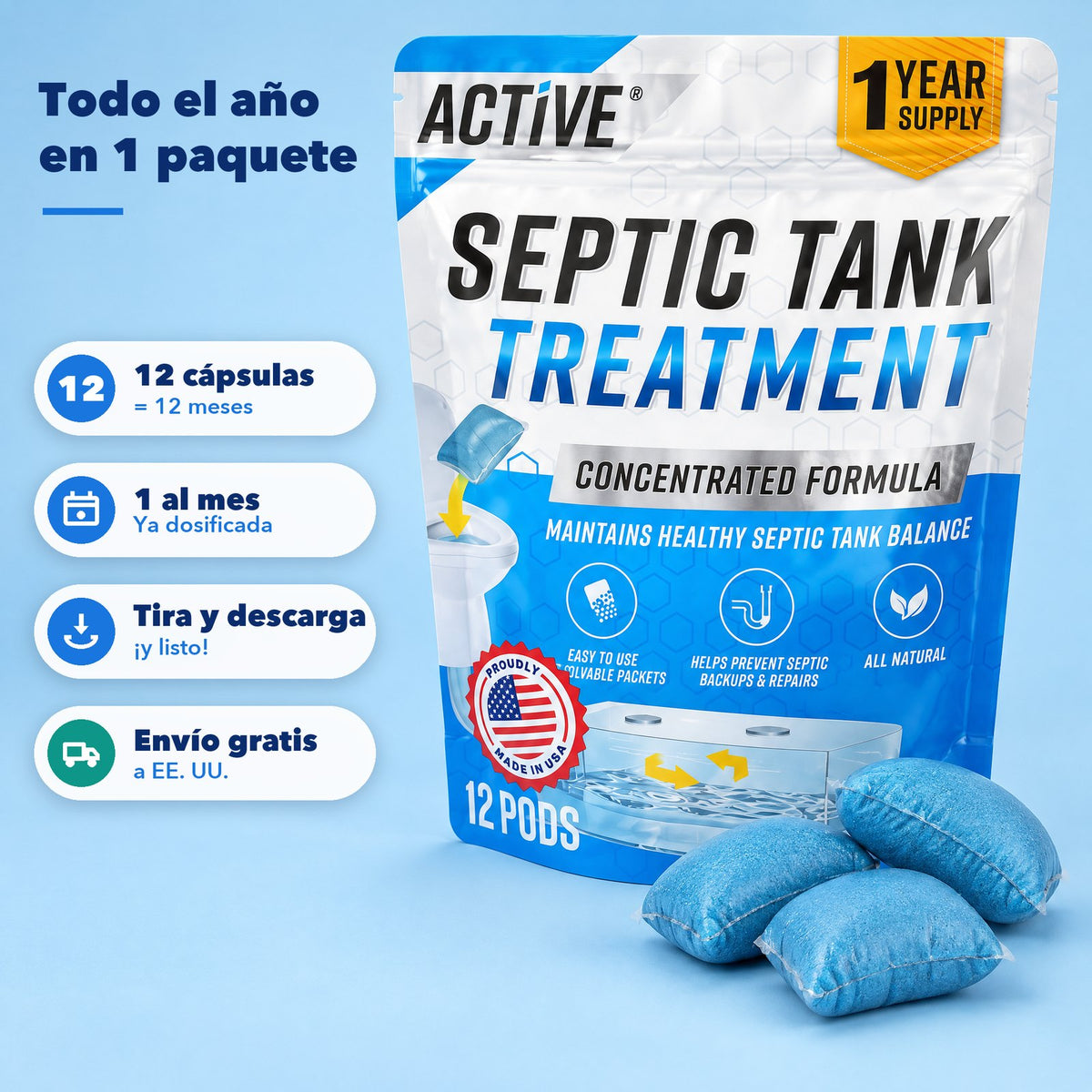 El paquete de cápsulas para pozo séptico: 12 cápsulas = 12 meses, 1 al mes, tira y descarga, envío gratis