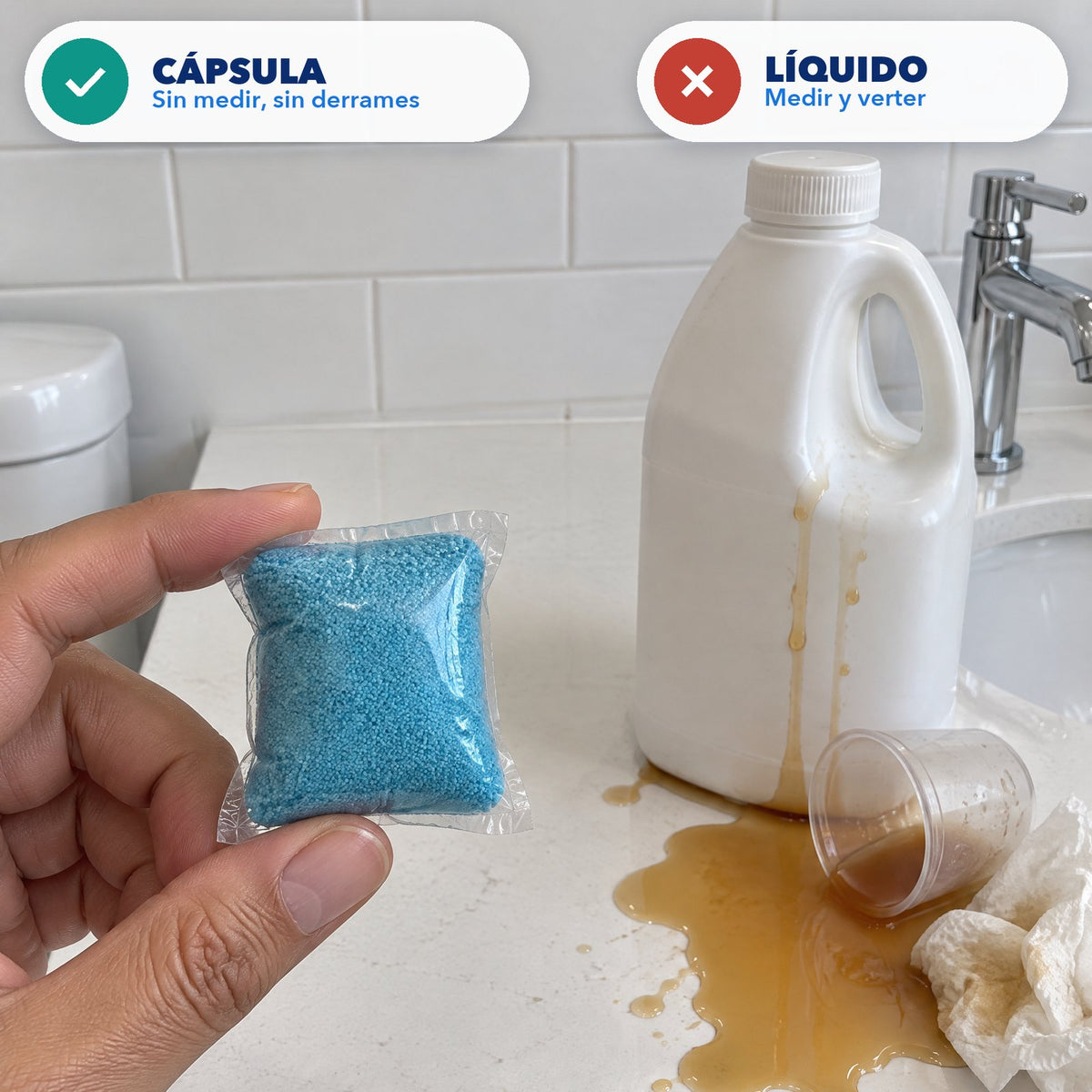 Una cápsula ya dosificada en la mano junto a un bidón de tratamiento líquido derramado