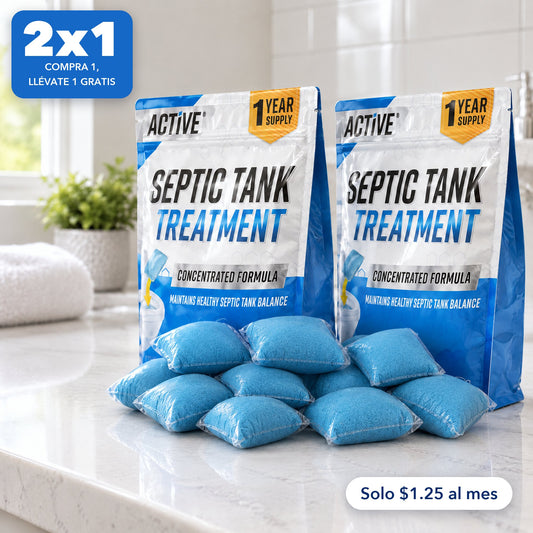 Oferta 2x1: dos bolsas de cápsulas para fosa séptica con sus cápsulas al frente, solo $1.25 al mes