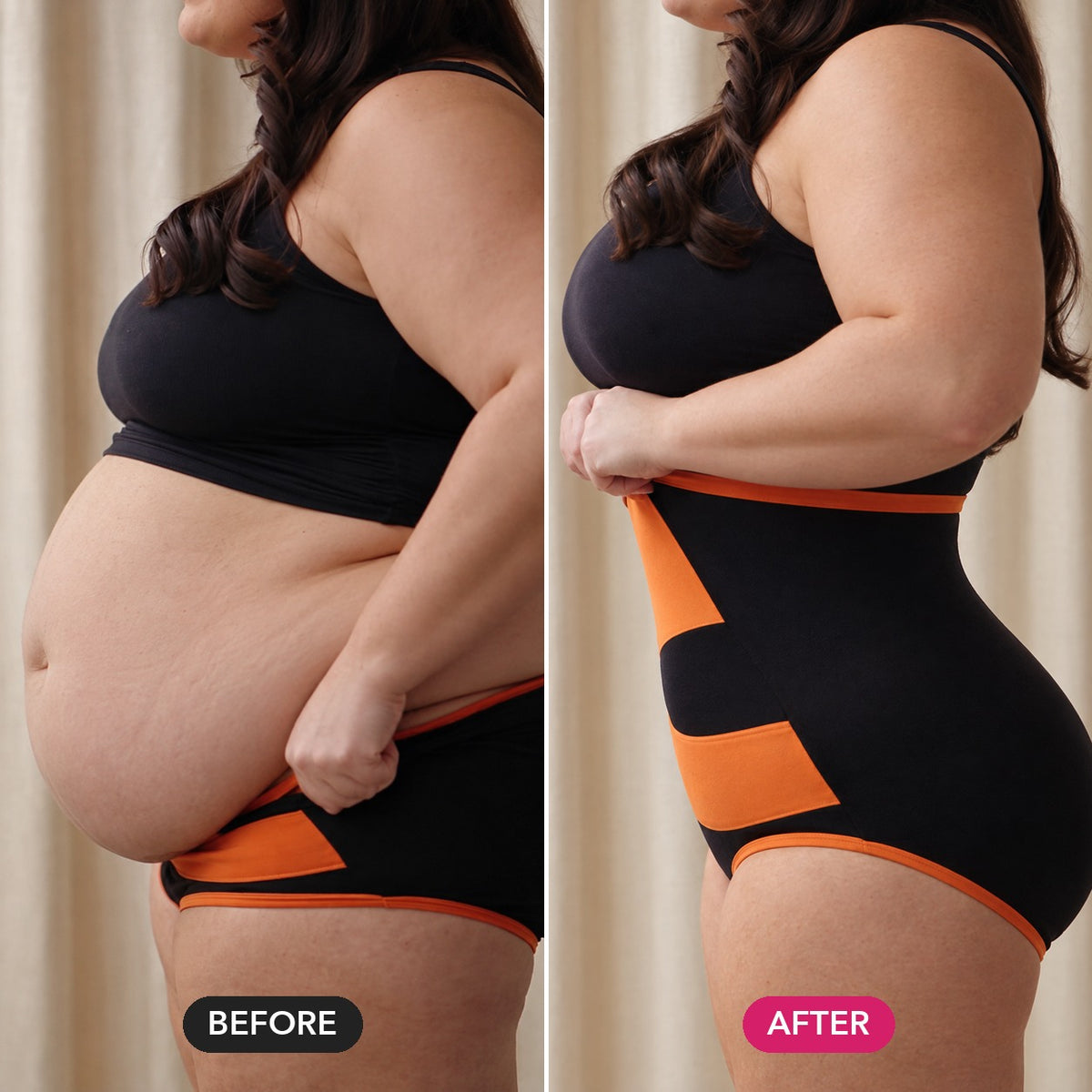 Before and after, side view: a soft full tummy, then a flat smooth waist and lifted bottom in the cross-band shaping brief