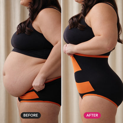 Before and after, side view: a soft full tummy, then a flat smooth waist and lifted bottom in the cross-band shaping brief