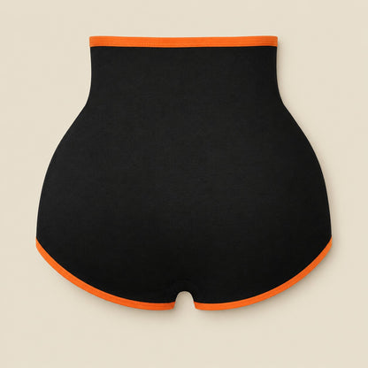 Back of the shaping brief: smooth full-coverage black panel with orange trim